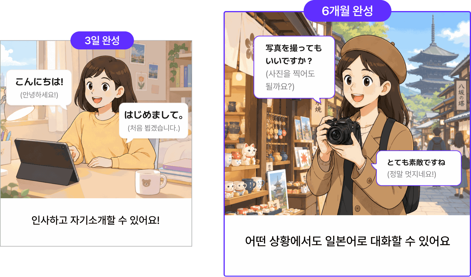 3일 만에 인사와 자기소개를 하고, 6개월 뒤에는 어떤 상황에서도 일본어로 대화하는 모습