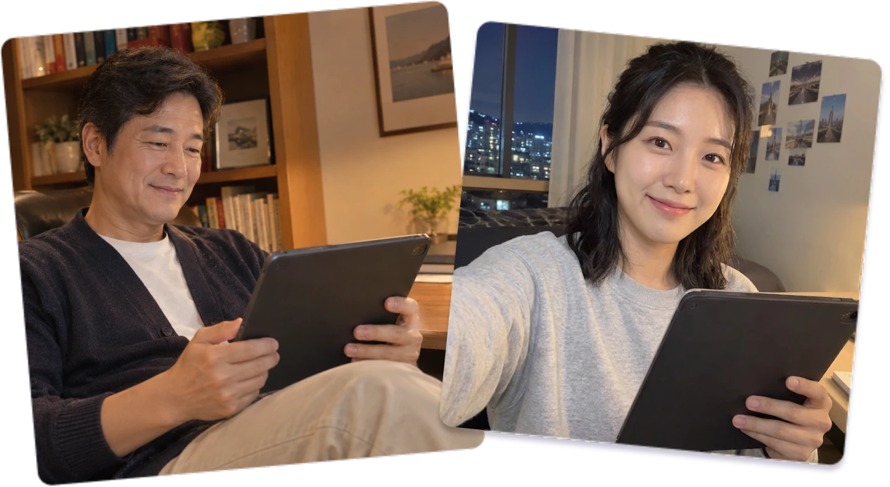 태블릿으로 톡이즈 일본어 회화를 하는 학습자들